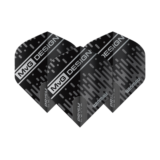6915-214_Winmau_Prism_Delta_MvG_6915-214_Standard_Flights_17O2KiekynWPnE Das Bild zeigt die Winmau Prism Delta MvG 6915.214 Standard Flights. Sie sind schwarz mit silbernen Akzenten und dem Schriftzug "MvG DESIGN".