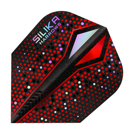 Powłoka krystaliczna Harrows Silika Colourshift Tough Crystalline Coating Red-X No6 Flights Das Bild zeigt ein Dart-Flight mit einem auffälligen roten und schwarzen Punktmuster. In der oberen Ecke steht der Schriftzug "Silika Harrows".