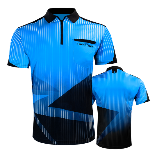 Harrows Shard Dartshirt - Blau Das Bild zeigt das "Harrows Shard Dartshirt - Blau" von vorne und von hinten. Das Hemd ist blau mit schwarzen und weißen Akzenten sowie einem modernen Streifenmuster.