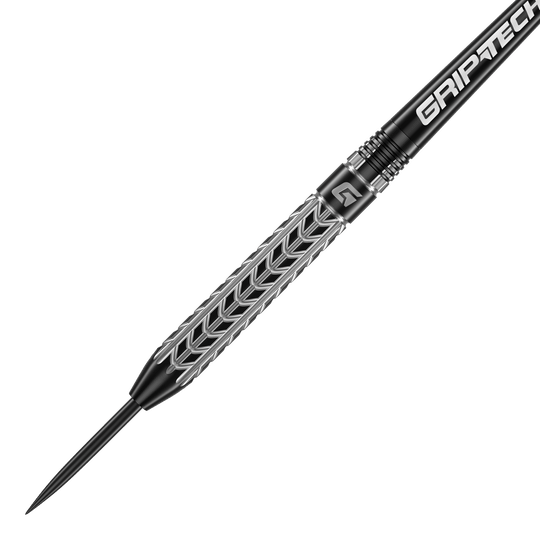 Lotki GOAT Traction ze stali wolframowej Das Bild zeigt einen GOAT Traction Tungsten Steeldart mit einem silbernen, strukturierten Griffbereich. Auf dem Schaft steht in weißer Schrift "GRIPTECH".