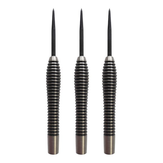 Abgebildet ist das Produkt McDart Black Ring Teardrop Steeldart-Barrels - 24g. Es handelt sich um ein Set von Steeldart-Barrels in schwarz mit Ringdesign.