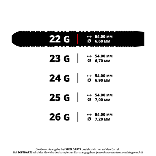 Dieses Bild zeigt ein Set Harrows Impact Steeldarts mit 22 Gramm. Die Darts sind für Präzisionswürfe im Dartsport konzipiert.