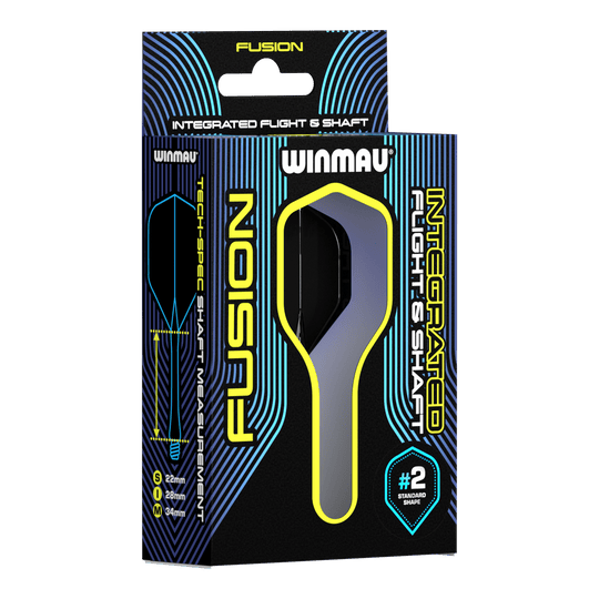 System wałów lotniczych Winmau Fusion Standard Black Auf dem Bild ist eine Verpackung des Winmau Fusion Integrated Flight & Shaft Systems zu sehen. Die Schachtel ist schwarz mit blauen und gelben Akzenten und enthält Flights und Shafts für Darts.