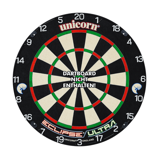 Das Bild zeigt einen Dartboard-Zahlenring der Marke Unicorn mit horizontal angeordneten Zahlen. In der Mitte steht der Hinweis: "Dartboard nicht enthalten!"