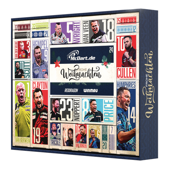 Das Bild stellt den McDart Darts Adventskalender 2025 dar. Der Kalender ist für Liebhaber des Dartsports gedacht.