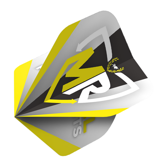 Das Bild zeigt ein Dart-Flight mit dem Rasto Logo in gelb, schwarz, weiß und grau. Es handelt sich um das Produkt "Bulls Powerflite Rasto Logo No2 Standard Flights".