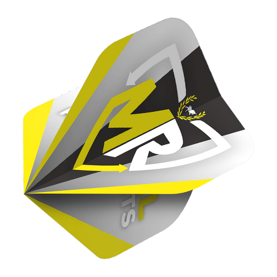 BU50859_Bulls_Powerflite_Rasto_Logo_No2_Standard_Flights_2 Das Bild zeigt ein Dart-Flight mit dem Rasto Logo in gelb, schwarz, weiß und grau. Es handelt sich um das Produkt "Bulls Powerflite Rasto Logo No2 Standard Flights".