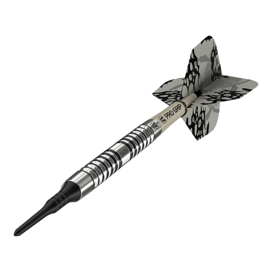 Target EXO 10 miękkich rzutek Das Bild zeigt einen Target EXO 10 Softdart. Der Dartpfeil hat ein silbernes, gerieftes Barrel und schwarz-graue Flights mit Muster.