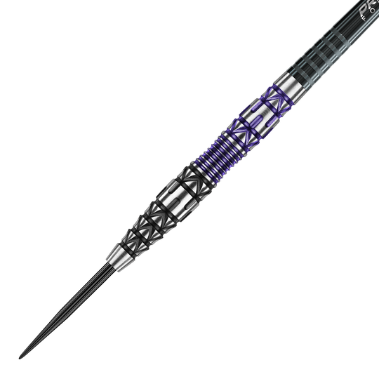Lotki stalowe Winmau Simon Whitlock Special Edition 2020 Das Bild zeigt einen Winmau Simon Whitlock Special Edition 2020 Steeldart. Der Dart hat ein auffälliges Design mit schwarzen, silbernen und violetten Elementen am Griff.
