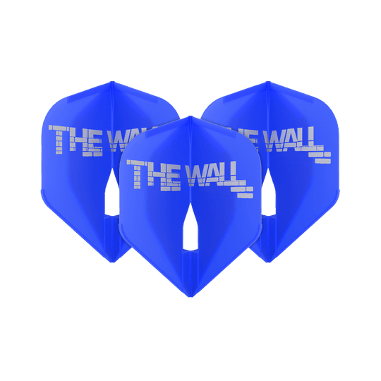 Loty Martin Schindler Blue L1PRO w stylu L Das Bild zeigt drei blaue Dartflights mit der Aufschrift "THE WALL". Es handelt sich um das Produkt 'L-Style Martin Schindler Blau L1PRO Flights'.