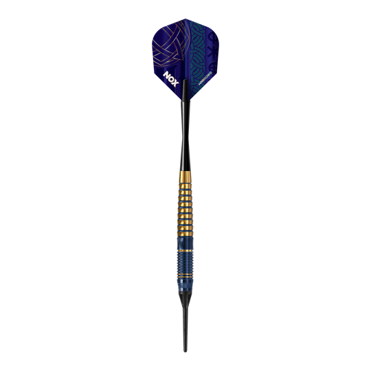 Harrows Nox Premium Brass Soft Darts Harrows Nox Premium Brass Softdarts. Gezeigt wird ein Softdart-Set aus der Nox Premium Brass Serie von Harrows.