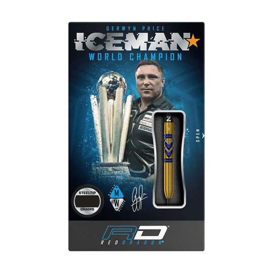 RD2546_Red_Dragon_Gerwyn_Price_Avalanche_Gold_Softdarts_34n7jsSUdfPMsj Die Verpackung zeigt die "Red Dragon Gerwyn Price Avalanche Gold Softdarts - 20g". Auf der Vorderseite sind das Dart-Design, ein Bild von Gerwyn Price und der Schriftzug "ICEMAN World Champion" zu sehen.