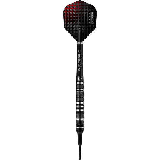 HA29471_Harrows_Magnum_Reloaded_Softdarts_1RIpEbjOlTzsya Auf dem Bild ist ein Harrows Magnum Reloaded Softdart zu sehen. Der Dartpfeil hat ein schwarzes Design mit silbernen Akzenten und einer strukturierten Flights.