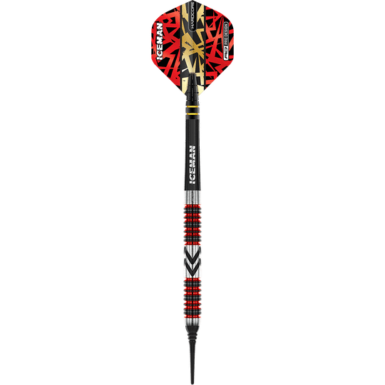 Das Bild zeigt einen Red Dragon Gerwyn Price Firebird Softdart mit einem Gewicht von 20g. Der Dart hat ein auffälliges Design mit roten, schwarzen und goldenen Elementen.