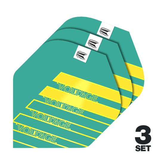 Lotki Target Pro Ultra Rob Cross Aqua No2 Standard - 3 zestawy Das Bild zeigt drei Sets der Target Pro Ultra Rob Cross Aqua No2 Standard Flights. Die Flights sind türkis mit gelben Streifen und dem Schriftzug "VOLTAGE".