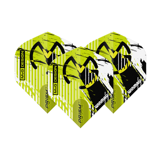 Winmau Delta Michael Van Gerwen Prism 03 Loty standardowe Das Bild zeigt drei Dartflights des Modells "Winmau Delta Michael Van Gerwen Prism 03 Standard". Die Flights sind gelb-schwarz-weiß gestaltet und tragen das MVG-Logo sowie die Aufschrift "PRISM DELTA" und "WINMAU".