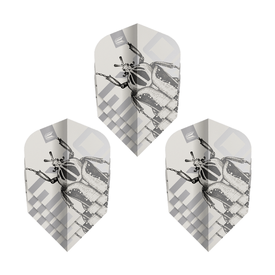 Target Pro Ultra Exo 2.0 Ten-X Flights - 3 serie Das Bild zeigt drei Sätze der Target Pro Ultra Exo 2.0 Ten-X Flights. Auf den Flights ist ein detailreiches Käfermotiv in Schwarz-Weiß abgebildet.