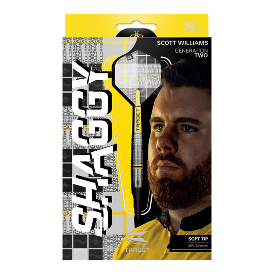 Lotki miękkie Target Scott Williams GEN2 - 18g Das Bild zeigt die Verpackung der "Target Scott Williams GEN2 Softdarts - 18g". Auf der Vorderseite sind ein Dartpfeil, das Gesicht von Scott Williams und der Schriftzug "SHAGGY" prominent zu sehen.