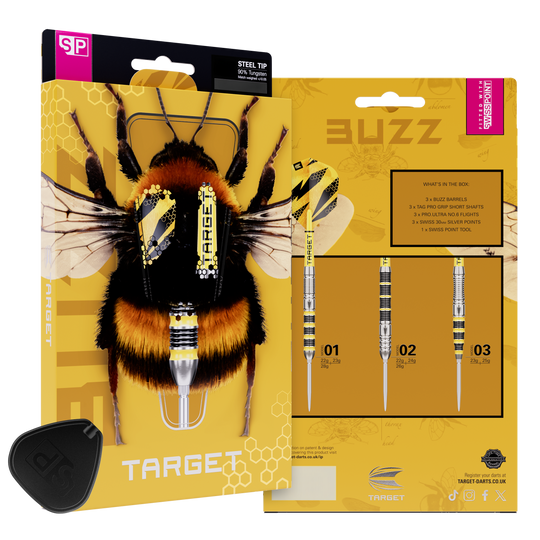 Stalowe lotki Target Buzz 01 Swiss Points Hier sieht man Target Buzz 01 Swiss Points Steeldarts. Die Darts zeichnen sich durch ihr spezielles Swiss Points System aus.