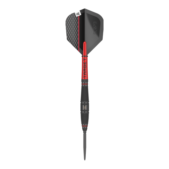 Stalowe lotki Target Scope 03 Swiss Point Das Bild zeigt einen Target Scope 03 Swiss Point Steeldart. Der Dart hat ein modernes Design mit schwarzen und roten Elementen sowie einer strukturierten Griffzone.
