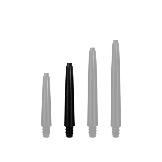 566_Nylon_Shafts_Schwarz_35mm_1rkfywb7QCdRbL Das Bild zeigt vier schwarze Nylon Shafts in unterschiedlichen Längen. Sie sind gerade und verfügen am unteren Ende über ein Schraubgewinde.