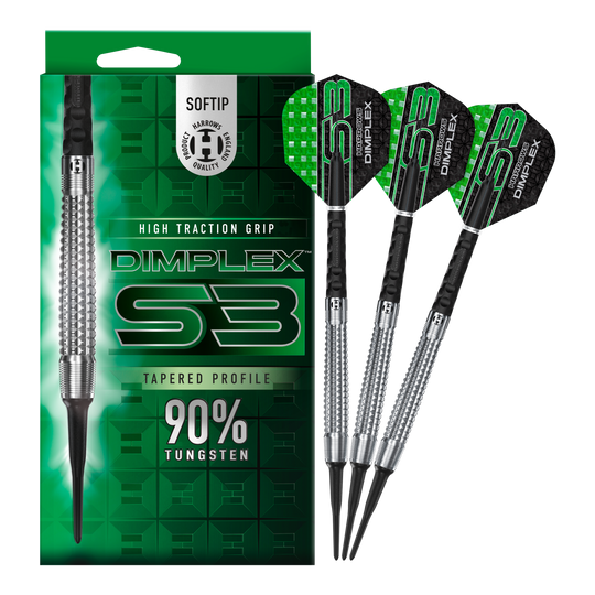 Harrows Dimplex S3 Tapered Soft Darts Das Bild zeigt eine Packung und drei Softdarts der Marke "Harrows Dimplex S3 Tapered". Die Darts bestehen zu 90 % aus Tungsten und haben eine hohe Grifftraktion.