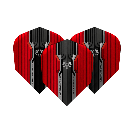 HR7514_Harrows_Prime_Wolfram_Infinity_No2_Standard_Flights_1dAI8INK1UQevs Das Bild zeigt drei Harrows Prime Wolfram Infinity No2 Standard Flights. Sie sind rot und schwarz mit einem modernen, kantigen Design.