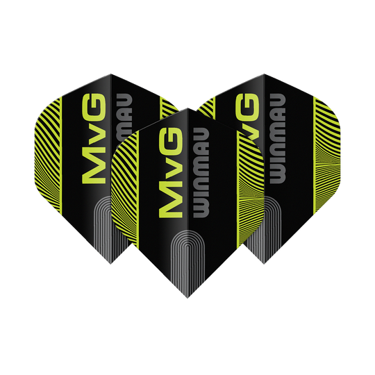 Winmau Prism Delta MvG Czarno-zielony tekst nr 2 Standardowe loty Das Bild zeigt die Winmau Prism Delta MvG Black Green Text No2 Standard Flights. Es handelt sich um Dart-Flights in Schwarz und Grün mit Text-Design.