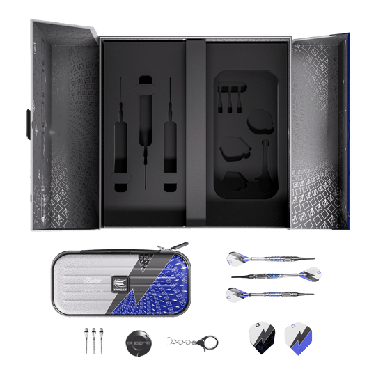 Zu sehen sind die Target Phil Taylor Power X Chrono Softdarts. Das Bild zeigt drei Darts nebeneinander.