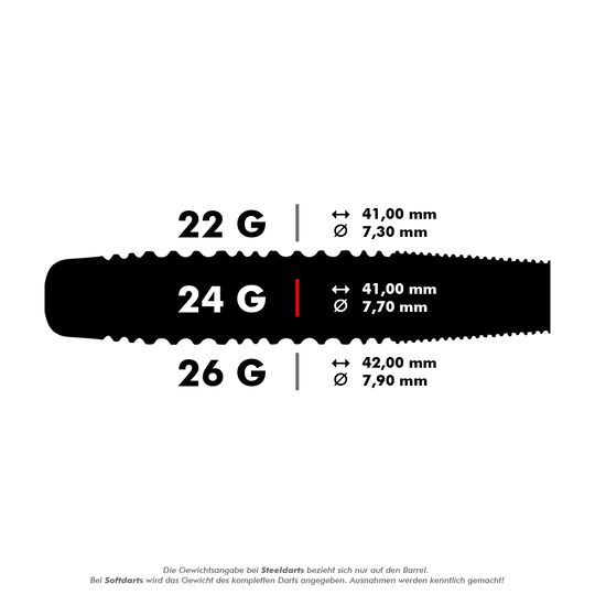 Auf dem Bild werden die Maße und Gewichte von drei verschiedenen Steeldarts gezeigt: 22g, 24g und 26g. Für jede Gewichtsklasse sind die Länge und der Durchmesser des Barrels in Millimetern angegeben.