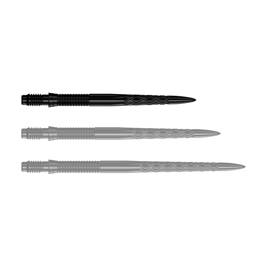 Końcówki do lotek Mission R2.5 Rapid Point DSX – czarne Das Bild zeigt eine Reihe von schwarzen Dartspitzen mit der Bezeichnung 30mm. Die Spitze ist für den Einsatz in Darts geeignet.