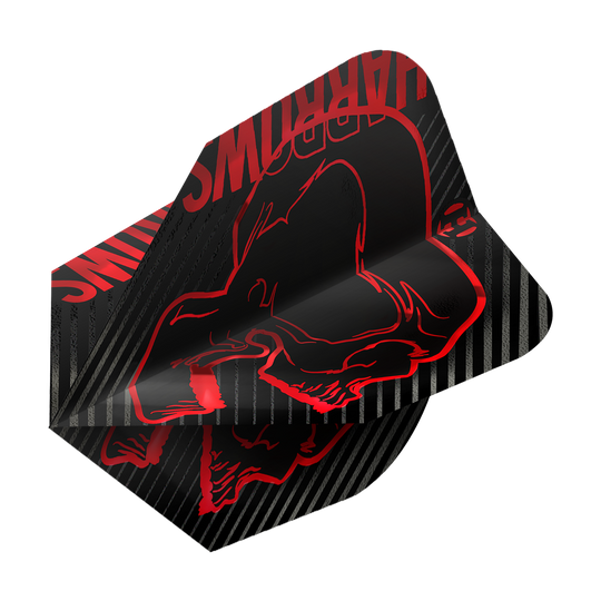Loty Harrows Rage Red nr 6 Das Bild zeigt das Produkt "Harrows Rage Red No6 Flights". Die Flights sind schwarz mit roten Grafiken und Streifen verziert.