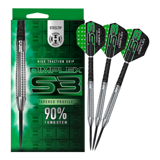 Harrows Dimplex S3 stożkowe stalowe lotki Das Bild zeigt die Harrows Dimplex S3 Tapered Steeldarts mit einer auffälligen grünen Verpackung. Drei Steeldarts aus 90% Wolfram sind neben der Verpackung abgebildet.