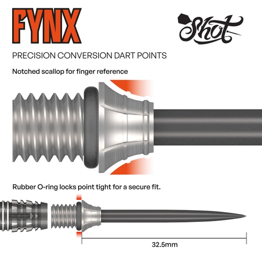Punkty konwersji Shot Fynx - 32 mm Dieses Bild stellt die Shot Fynx Conversion Points mit 32 mm Länge dar. Die Dartspitzen sind für eine einfache Umrüstung geeignet.