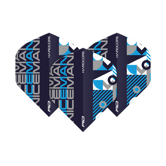 Das Bild zeigt drei Dart-Flights in schwarzer, blauer und grauer Farbe mit dem Aufdruck "ICEMAN" und "HARDCORE". Das Design ist modern und auffällig, passend zur Produktbezeichnung "Red Dragon Hardcore Iceman Black Blue Standard Flights".