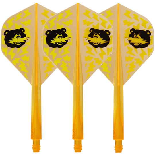 Das Bild zeigt vier neonorange Dartflights mit gelbem Blitzmuster und einem schwarzen Bärenkopf darauf. Die Flights sind in Standard-Form gestaltet und tragen den Namen "Condor Axe Black Bear Miyu Miyawaki".