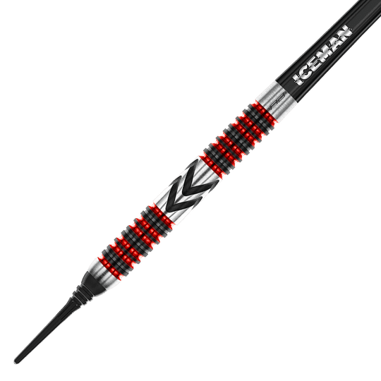 Dies ist ein Red Dragon Gerwyn Price Firebird Softdart mit einem Gewicht von 20g. Der Dart hat ein auffälliges Design mit roten und schwarzen Ringen sowie der Aufschrift „ICEMAN“.