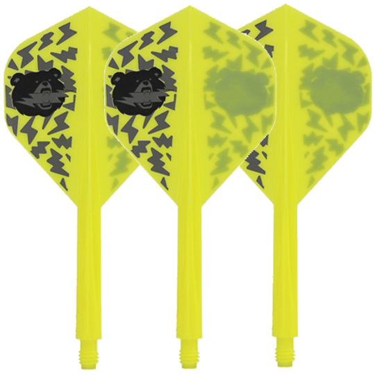 Condor Axe Black Bear Miyu Miyawaki Flight-Shaft Yellow - Standard Das Bild zeigt drei gelbe Dartflights mit schwarzem Bärenmotiv und Blitzmustern. Die Flights gehören zum Produkt „Condor Axe Black Bear Miyu Miyawaki Flight-Shaft Yellow – Standard“.