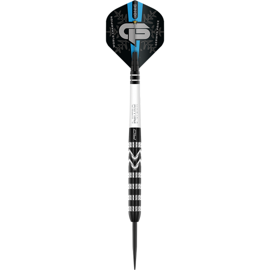 Das Bild zeigt einen speziellen Steeldart mit dem Namen "Red Dragon Gerwyn Price World Champion 2021 Special Edition". Der Dart ist schwarz, weiß und silber mit blauen Akzenten gestaltet.