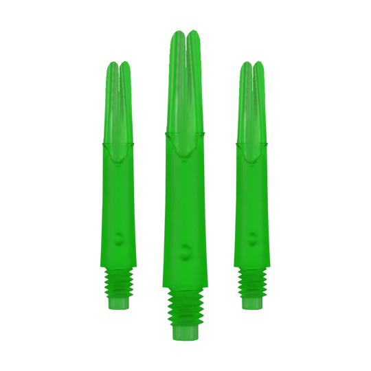 Wałki L-Style z blokadą prostą - zielone L-Style L-Shafts Locked Straight, spezielle Farbe, längeres Set. Das Foto zeigt drei lange Dart-Schäfte aufgereiht.