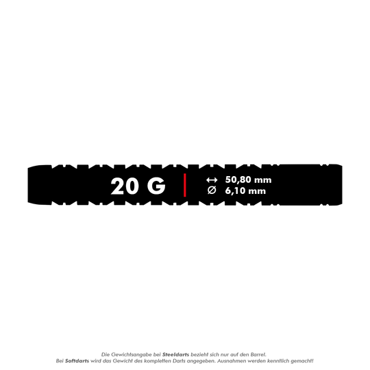 2459_Winmau_Danny_Noppert_Freeze_Edition_Softdarts_5_20g Das Bild zeigt die Maße und das Gewicht des Produkts "Winmau Danny Noppert Freeze Edition Softdarts - 20g". Der Dart wiegt 20 Gramm, ist 50,80 mm lang und hat einen Durchmesser von 6,10 mm.