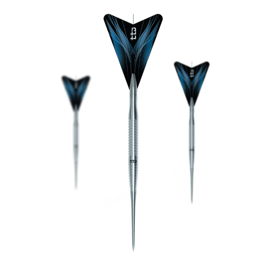 Zu sehen ist das Set Caliburn TTD Complete Titanium T3 Silver Steeldarts - 7g. Es handelt sich um ein silbernes Dartset aus Titan mit einem Gewicht von 7 Gramm pro Dart.