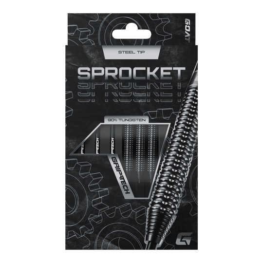 Lotki GOAT Sprocket ze stali wolframowej Die Abbildung zeigt die Verpackung der GOAT Sprocket Tungsten Steeldarts. Auf der Packung sind die Eigenschaften wie "Steel Tip" und "90% Tungsten" deutlich hervorgehoben.
