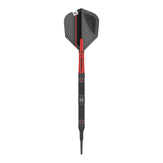 Targetownik 10 miękkich rzutek Das Bild zeigt einen Target Scope 10 Softdart. Der Dartpfeil hat ein schwarzes und rotes Design mit einer strukturierten Spitze und einer schwarzen Flight.