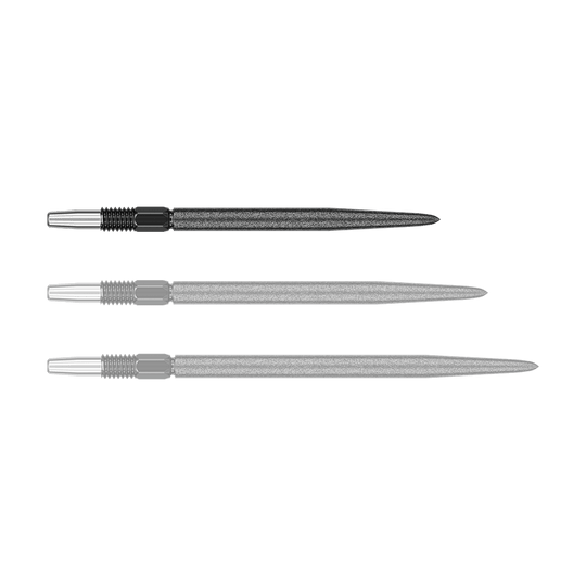 Końcówki do lotek Target Swiss Point SLK – czarne Auf dem Bild sind drei schwarze Dartspitzen mit silberfarbenem Gewinde zu sehen. Sie liegen nebeneinander auf weißem Hintergrund.