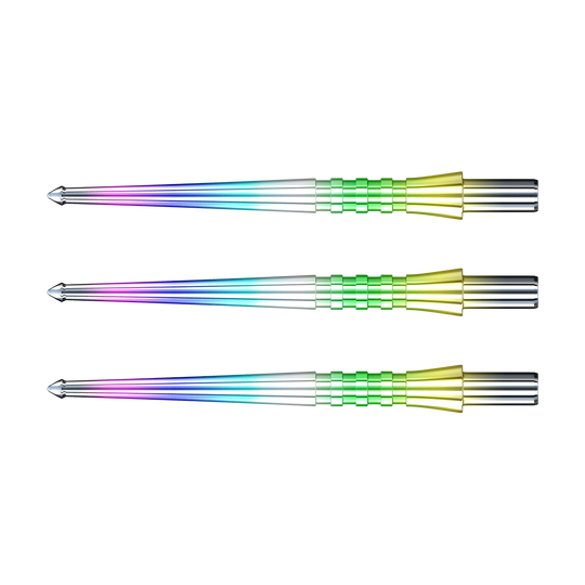X0576_Red_Dragon_Raptor_GT_Rainbow_Point_Steeldartspitzen_1 Das Bild zeigt drei bunte Dartspitzen des Produkts „RedDragon Raptor GT Rainbow Points Spitzen“. Sie haben einen metallischen Glanz und leuchten in verschiedenen Regenbogenfarben.