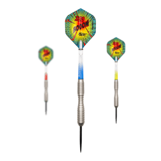 Dieses Bild zeigt ein Set der Karella Comic Line CL-3 Steeldarts mit 24 Gramm Gewicht. Das Set eignet sich ideal für Präzisionswürfe.