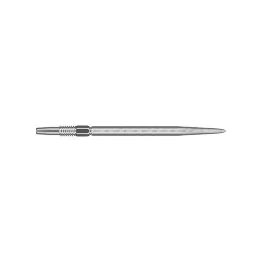 Końcówki Target Swiss Point Nano Dart — srebrne Dies ist eine silberne Dartspitze mit feiner Riffelung. Sie ist lang und schmal geformt und hat eine glatte Spitze.