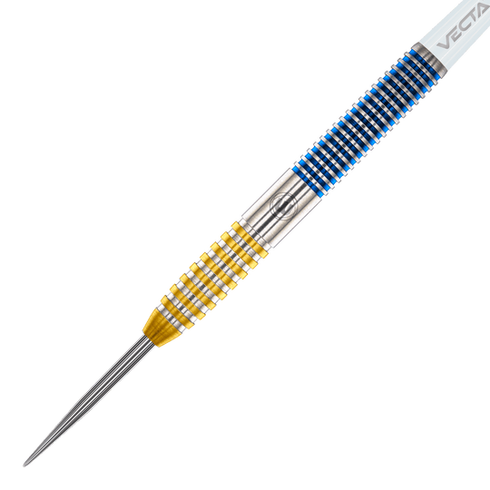 Winmau Daryl Gurney SC 1.0 Series Steeldarts - 23g Das Bild zeigt einen Winmau Daryl Gurney SC 1.0 Series Steeldart mit einem Gewicht von 23 Gramm. Der Dart hat ein auffälliges Design mit gelben und blauen Ringen am Griff.