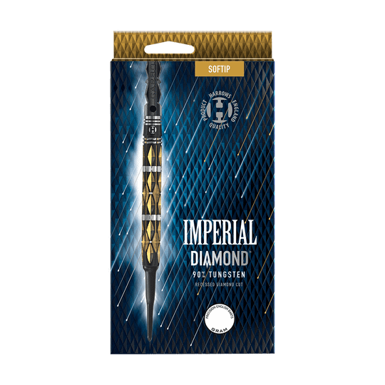 HA33454_Harrows_Imperial_Diamond_Softdarts_3 Die Abbildung zeigt die Verpackung der "Harrows Imperial Diamond Softdarts". Die Verpackung ist blau-gold mit einem Bild eines Softdarts und den Produktinformationen auf der Vorderseite.